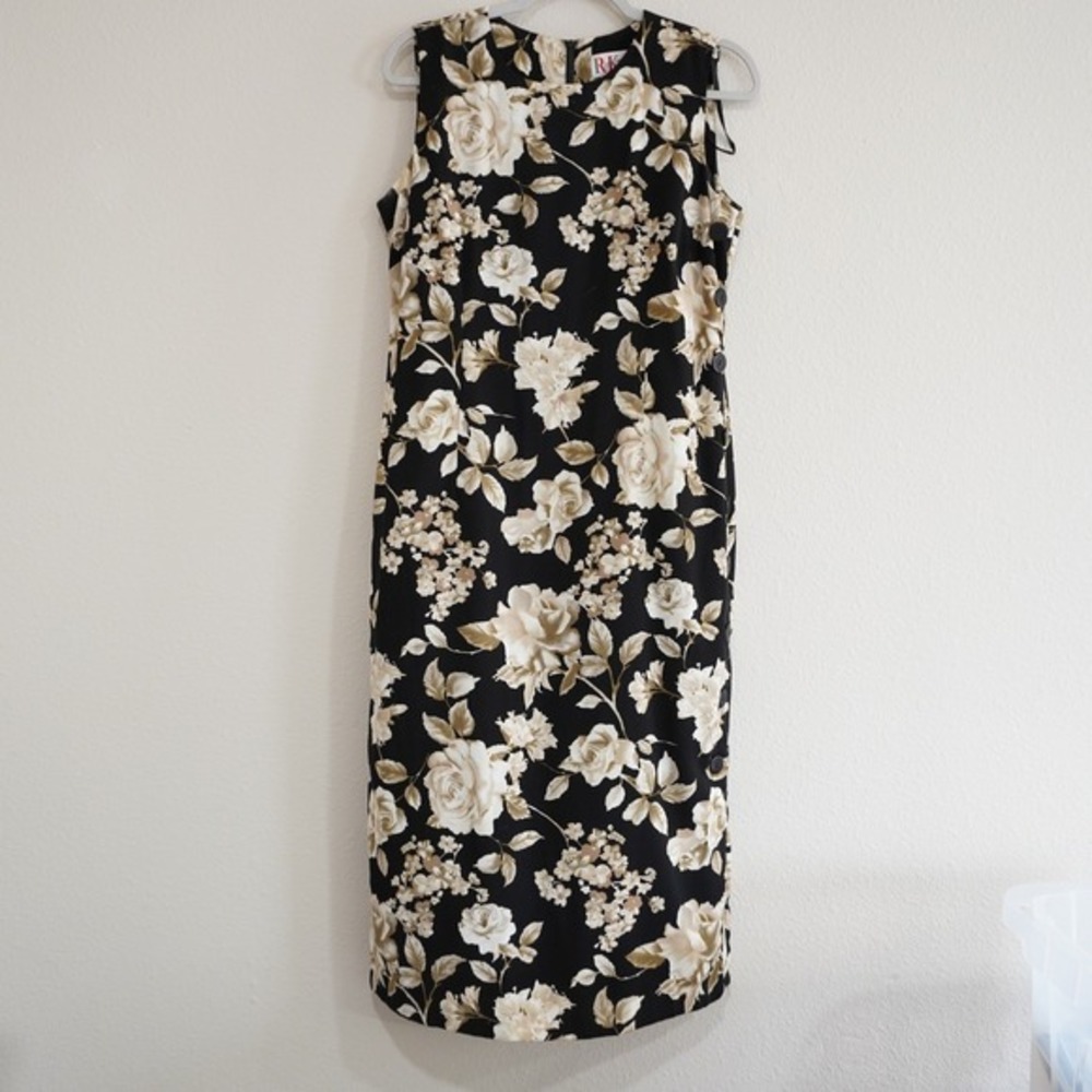 Vintage 90s Black Floral Rose‎ Sleeveless Midi Sheath Dress Size 10P Boho Grunge